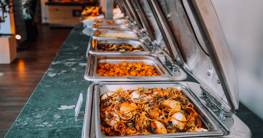 chafing dishes with food, services for caterers