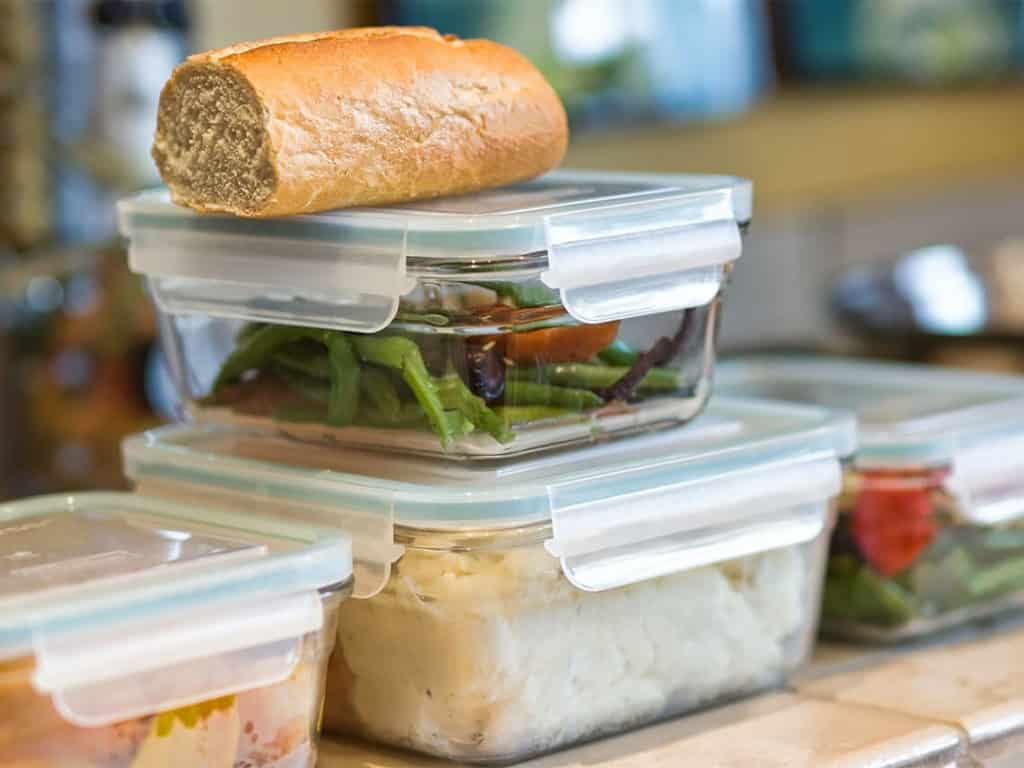 Thanksgiving leftovers in different containers in the fridge